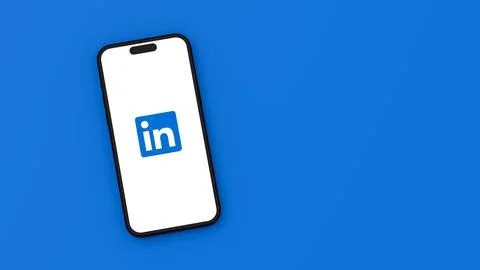 Linkedin Logo on Mobile Phone Screen on Blue Background with Copy Space Stock Illustration