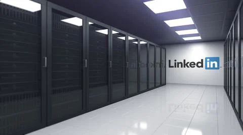 LINKEDIN logo in the server room, editorial 3D rendering Stock Illustration