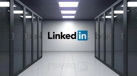 LinkedIn logo on the wall of the server room. Editorial 3D rendering Stock Illustration