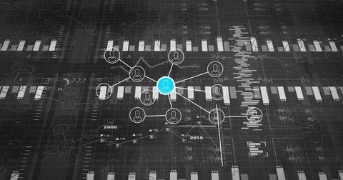 Linking central blue user icon to white nodes on data dashboard, showing bars, Stock Illustration