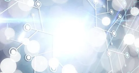 Linking central glowing nodes with thin lines in stylized digital interface, Foto stock
