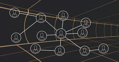 Linking central hub avatar node to white nodes, lines in tunnel, golden grid  Illustrazione stock