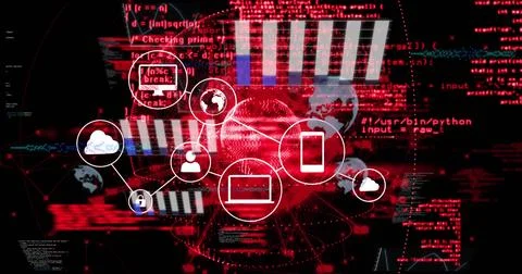 Linking cloud user globe padlock laptop or smartphone icons on digital Stock Illustration