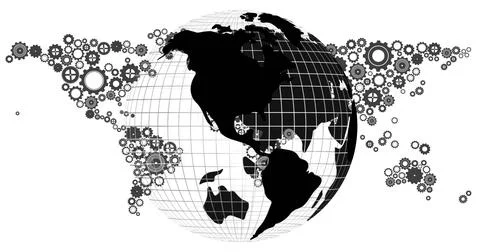 Linking globe grid lines to clustered mechanical gears on white canvas, Stock Illustration