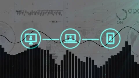 Linking horizontal trio of cyan circular icons oscillating on data dashboard, Vídeos de archivo 332468747