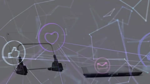 Linking metal stand and slim tablet via neon network with overlay appearing on Stock Footage 331713018
