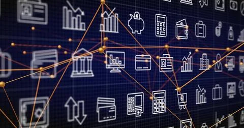 Linking orange lines overlaying rows of white finance icons on digital 스톡 사진