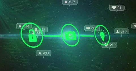 Linking padlock, blocked camera, lightbulb icons via glowing line on green Stockillustratie