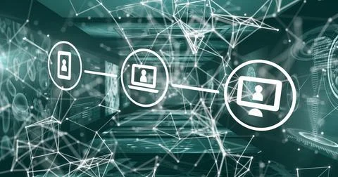 Linking smartphone laptop and desktop monitor icons over server racks with Stock Illustration