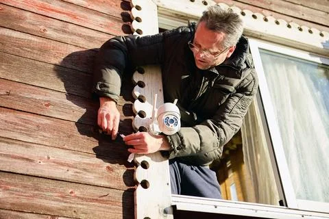 Linking technician connects cable to surveillance camera fixed on exterior .. Stock Photos