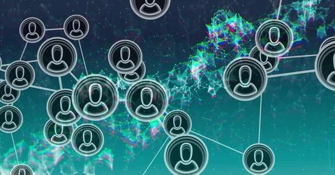 Linking user-avatar nodes with lines, glowing hubs in digital network, mesh, Stock Illustration