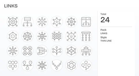 Links Vector Icon Library with 24 Thin Line Retina Ready Pixel Optimized De.. Stock Illustration