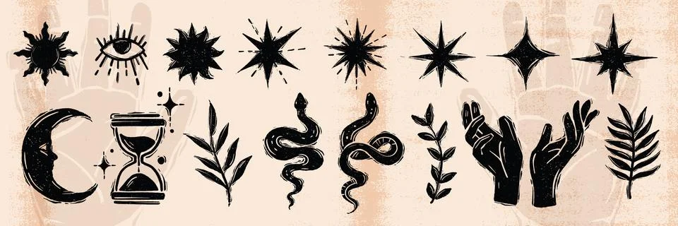 Linocut celestial icon set, vector boho lino esoteric star, engraving magic Stock Illustration