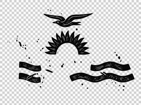 Linocut kiribati flag elements with sun bird and waves. Иллюстрация