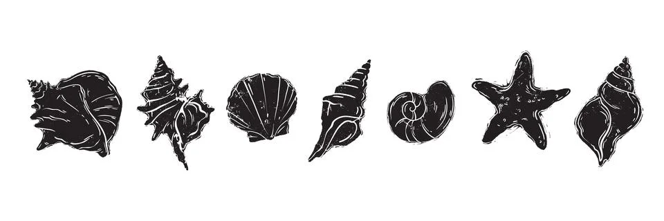 Linocut shell set, vector ocean beach scallop silhouette print Illustrazione stock