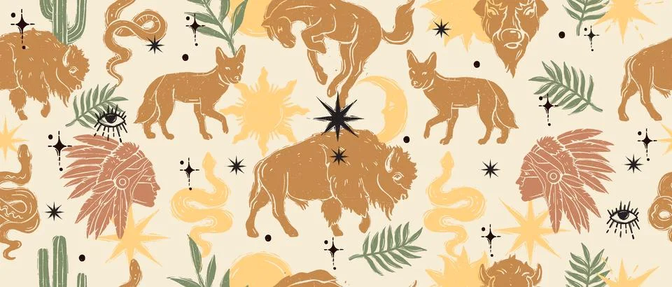 Linocut western boho seamless pattern, vector engraving Texas desert print Stock Illustration