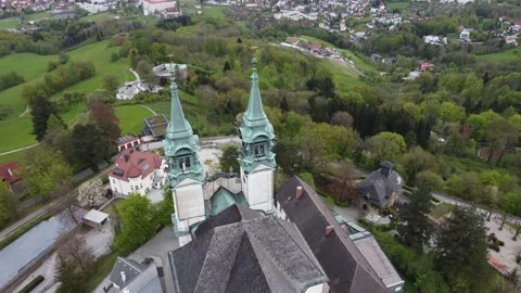 Linz, Austria - May 08 2021 Pöstlingberg Church. Aerial view of Church. Stock Footage