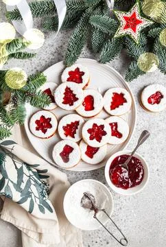 Linzer cookies with jam. Stock Photos