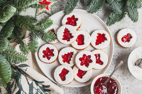 Linzer cookies with jam. Stock Photos