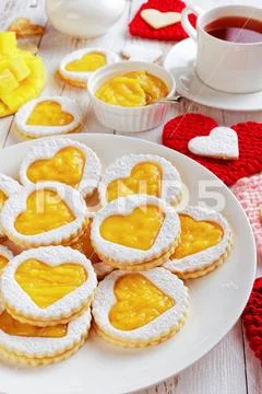 Linzer cookies with mango jam, top view Stock Photos