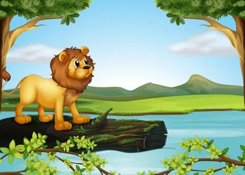 A lion above a trunk with algae イラスト素材