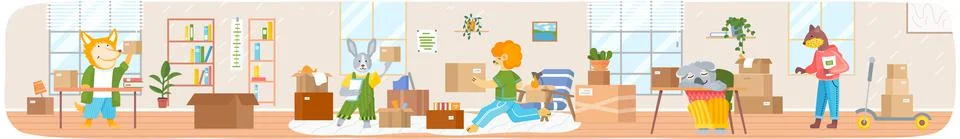 Lion and hare settle down in apartment. Wild and domestic animal moving to new Stock Illustration