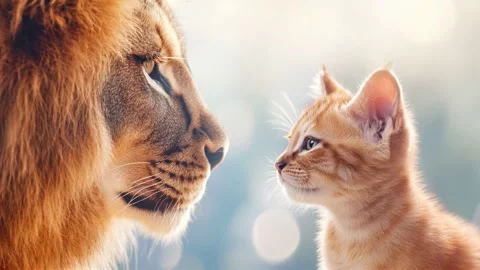 Lion and Kitten Share a Curious Look: A Story of Strength and Gentleness Stock Footage 300281717