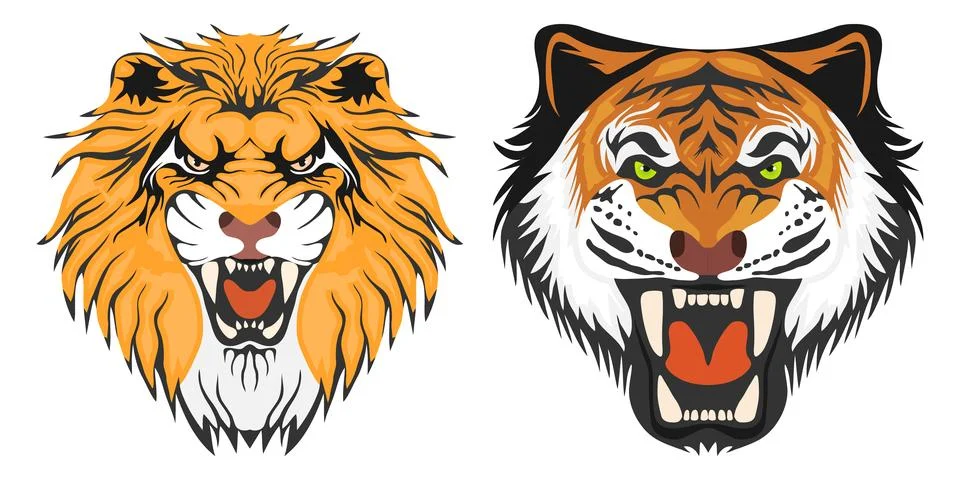 Lion and tiger, the head of a lion and a tiger. Cartoon illustration 스톡 일러스트
