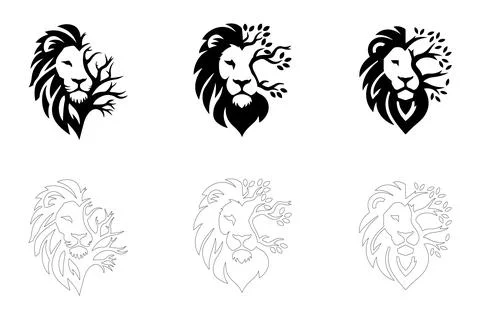 Lion and Tree Logo Designs in Black and White. Stock-Illustration