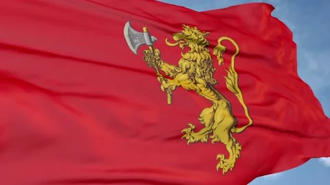 Lion with axe on red background. Flag of the Kingdom of Norway Stock Footage 92395188