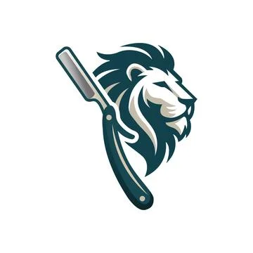 Lion Barber Razor Logo Design for Premium Barbershop Grooming Salon Brand Stock Illustration