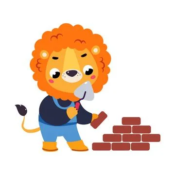 Lion Builder Character Laying Bricks with Palette Knife Vector Illustration Stock Illustration