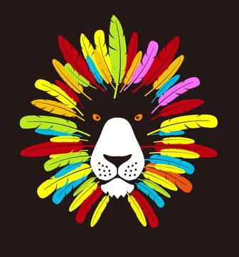 Lion cartoon face with feather, flat animal face icon vector Illustrazione stock