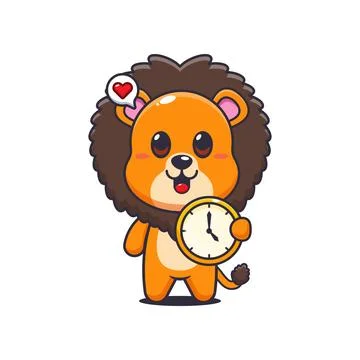 Lion cartoon vector illustration with clock Stock Illustration