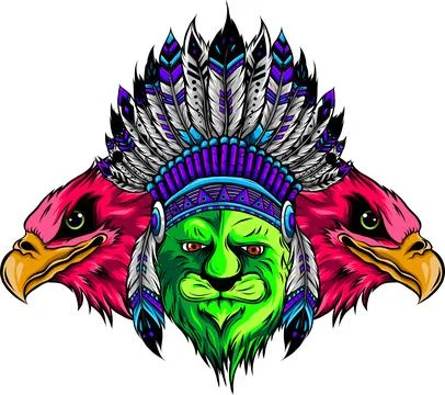 Lion in the colored Indian roach. Indian feather headdress of eagle on white Stock Illustration