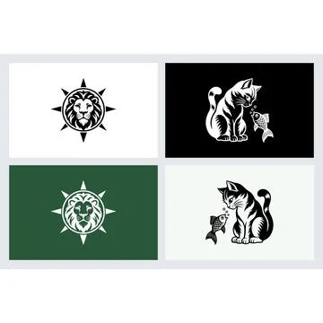 Lion compass emblem and cat with fish illustrations Stock Illustration