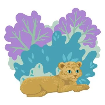 Lion cub lying on the grass, trees and forest on the background. Vector cute Stock Illustration