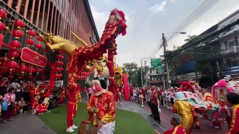 Lion Dance performance during the Lunar New Year in Bangkok, Thailand 4K Stock Footage 264140767