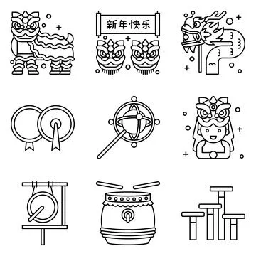 Lion dance related vector icon set 3 Illustrazione stock