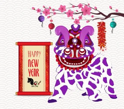 Lion dancing head and chinese new year with firecracker with scroll Stock Illustration