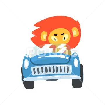 Lion Driving Blue Car, Wild Animal Character Using Vehicle Vector Illustration Stock Illustration