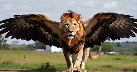 A lion with eagle wings patrols its territory, wings fully spread and soft Stock Footage 280797961