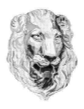 Lion face . Vector black dots on white background. Digital pointillism Stock Illustration