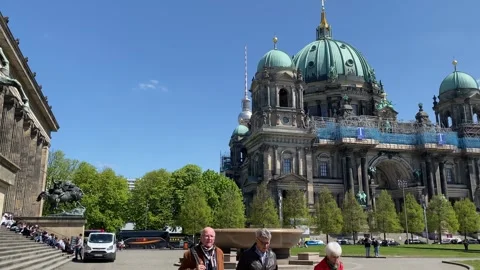 The Lion Fighter statue by Albert Wolff at Altes Museum and Berlin Cathedral Stock Footage 253591827