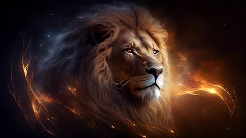 Lion with fire effect on a dark background. zodiac Stock Illustration