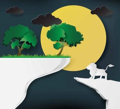 Lion in the forest at full moon night, paper cut lion on jungle Illustrazione stock