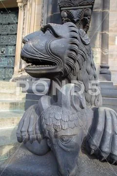 Lion goat sculpture outside Bremen cathedral city center of Bremen - Germany Stock Photos
