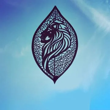 Lion head on a background of a leaf of a tree. Paper figurine against the sky Stock Photos