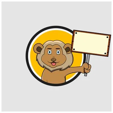 Lion Head Circle Label With Blank Banner Sign Wood Stock Illustration