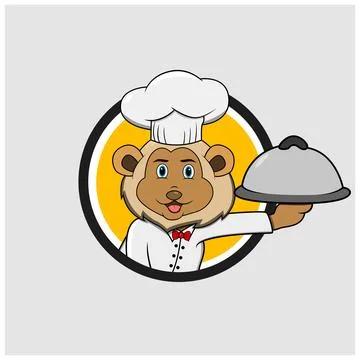 Lion Head Circle Label With Custom Chef and Bring Food Stock Illustration